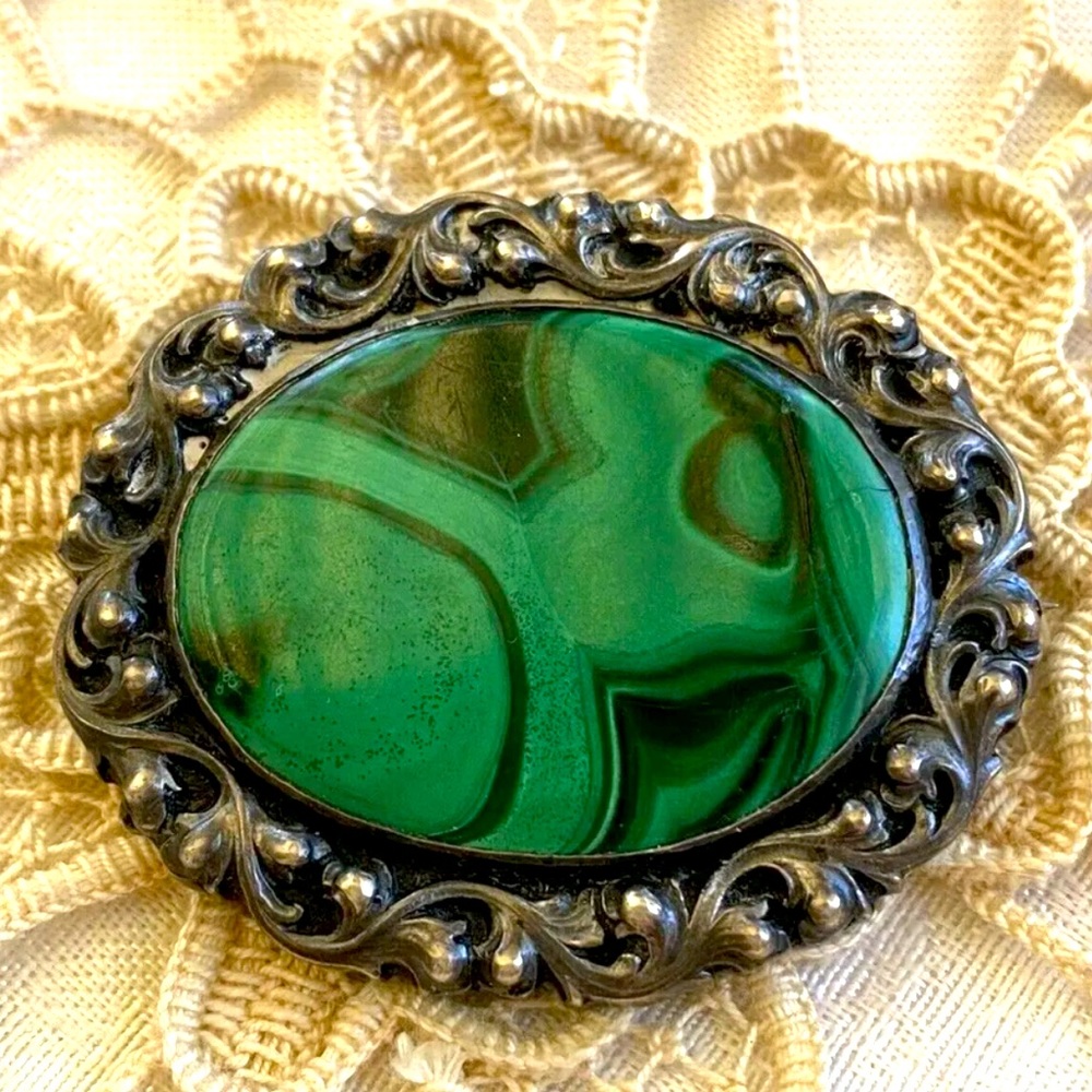 Beautiful Rare Antique 800 Silver Robert Merath Ulm Malachite Brooch
